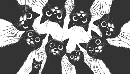Fototapeta premium Adorable group of curious black cats with big eyes peering downward sketch engraving generative ai fictional character vector illustration. Scratch board imitation. Black and white image.