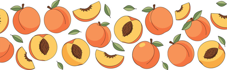 Seamless Peach Fruit Pattern with Whole Halved and Sliced Peaches and Leaves Colorful Flat Vector Illustration