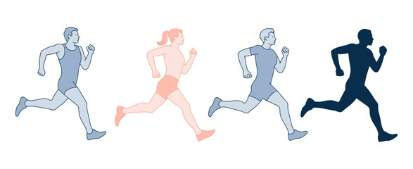 Four diverse runners, male and female, depicted in minimalist graphic style with varying blue and orange color fills, isolated on white.