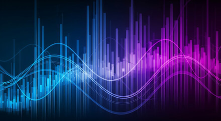 Futuristic equalizer display visualizing sound waves and data analysis in blue and purple neon colors background
