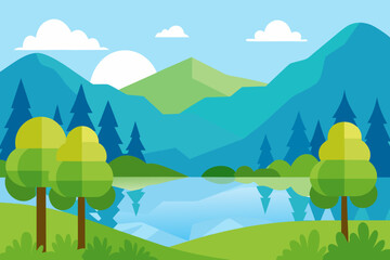 Peaceful lakeside view with trees simple vector illustration