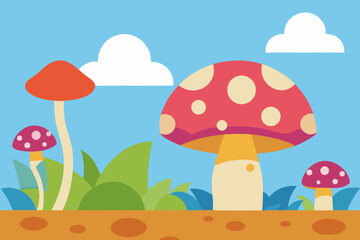 Magical fairy garden with large mushrooms simple vector illustration