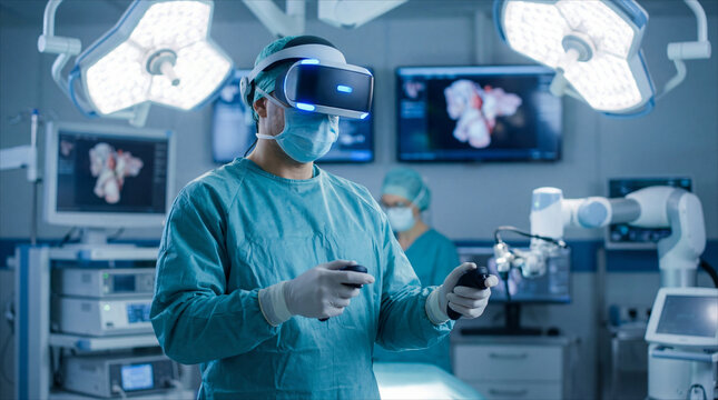 Surgeon using virtual reality technology to perform robotic assisted surgery in modern operating room.