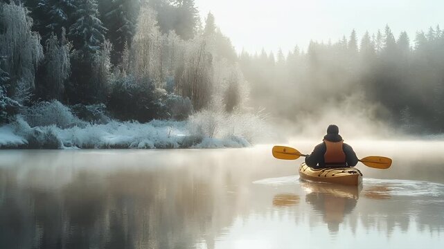A person in a yellow kayak paddling on a misty, foggy river with snowcovered trees in the background. The person is wearing a brown jacket and a beanie hat.