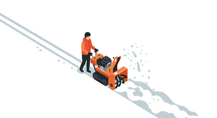 Snowblower usage in winter: isometric man clearing snow with machine on a white background