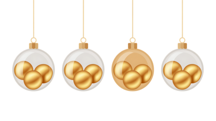 Elegant Christmas ornaments with golden spheres inside, perfect for holiday designs, festive promotions, or adding a touch of luxury to your seasonal project