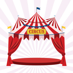 Bright circus marquee with flags, striped canopy, empty podium, performance stage, cheerful festive show background, amusement park celebration design.