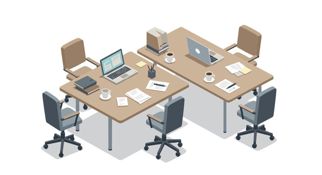 Modern isometric office workspace with desks, laptops, and chairs