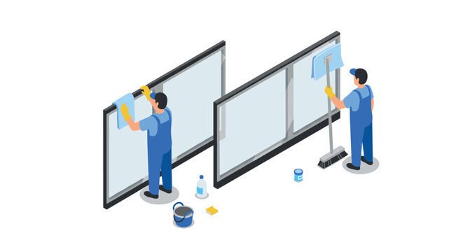 Isometric window cleaning service workers using tools for glass maintenance