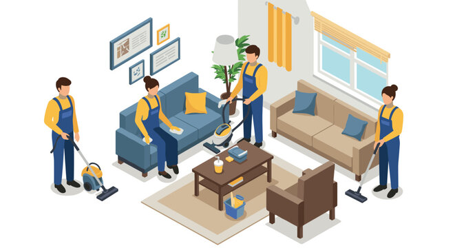 Isometric cleaning service team in modern living room scene
