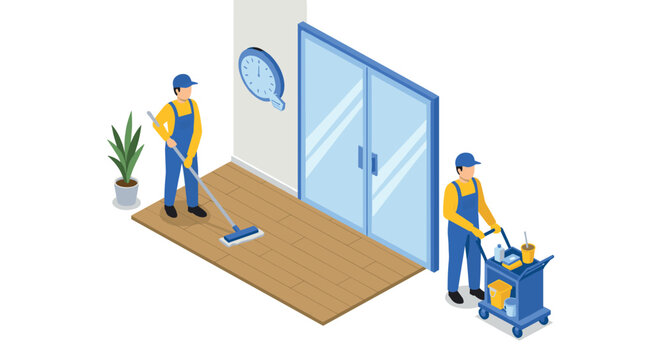 Isometric cleaning crew at work with equipment and supplies