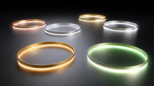 Elegant display of glowing light rings in various colors with a sleek metallic finish on a dark reflective surface for creative design projects