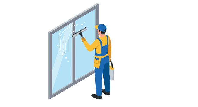 Isometric window cleaning worker in uniform with tools for professional glass maintenance - Powered by Adobe
