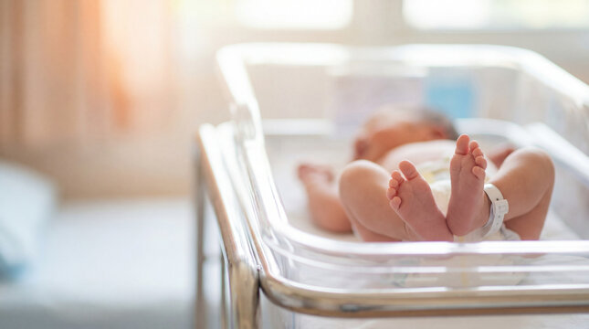 Newborn baby resting in hospital bassinet with identification bracelet.