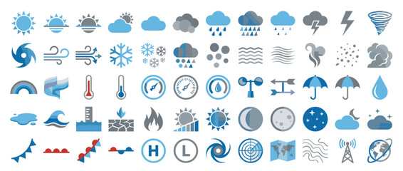 Fototapeta premium Weather icon set. containing sun, cloud, rain, snow, wind, storm, lightning, temperature, moon, forecast and more. Vector collection