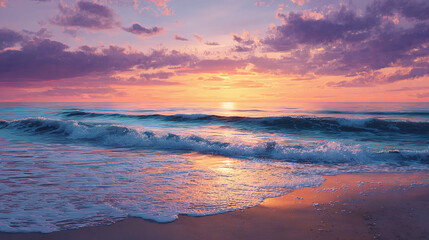A serene coastal view capturing a vibrant sunset over the ocean, with the sun's warm glow reflecting on the water and clouds
