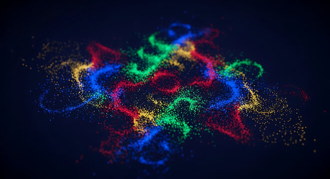 Futuristic flowing particle wave in red blue green yellow on dark background; Big Data visualization abstract concept. - Powered by Adobe