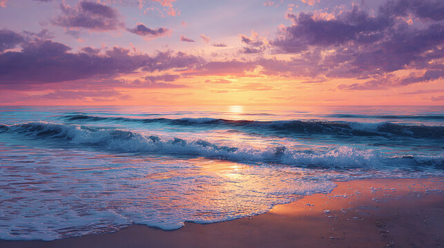 A serene coastal view capturing a vibrant sunset over the ocean, with the sun's warm glow reflecting on the water and clouds - Powered by Adobe