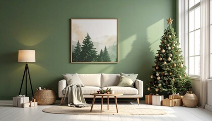Christmas Living Room with Green Wall, Tree, and Wrapped Gifts
