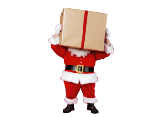 Playful Santa hiding face behind giant holiday gift box isolated on transparent background