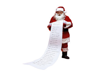 Naklejka premium Santa Clause holding long naughty or nice list with joyful expression isolated on transparent background