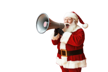 Festive Santa Claus announcing cheer with megaphone isolated on transparent background
