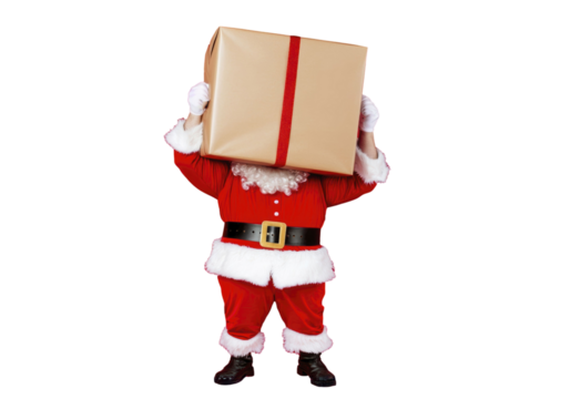 Playful Santa hiding face behind giant holiday gift box isolated on transparent background - Powered by Adobe