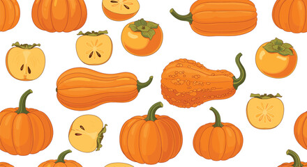 Seamless Pumpkin and Persimmon Pattern with Whole and Cut Vegetables and Fruits Colorful Flat Vector Background Illustration