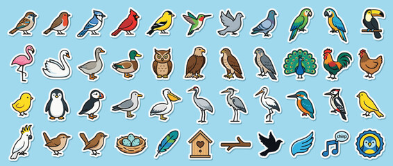 Naklejka premium Bird and wildlife icon set. containing flamingo, penguin, owl, peacock, parrot, toucan, and more. Vector collection
