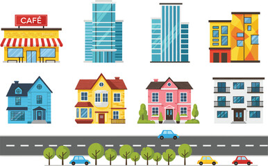 Set of Colourful Flat Design City Architecture Vectors