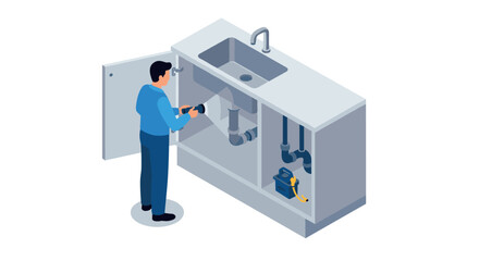 Isometric plumber fixing kitchen sink pipes with toolbox and open cabinet