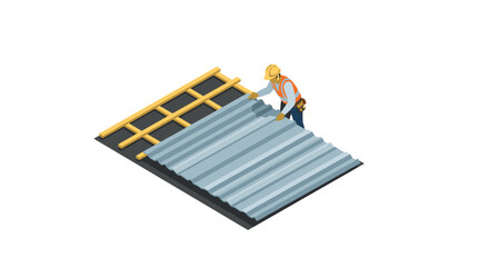 Construction worker installing metal roofing on a building structure in isometric style