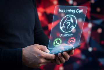 Man receiving an incoming unknown call on a smartphone with a holographic alert interface. Concept of danger, privacy risks, and potential scam.