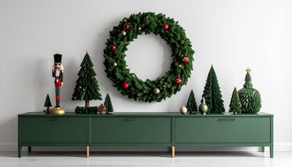 Christmas Console Scene with Wreath, Trees, and Green Decor Accents