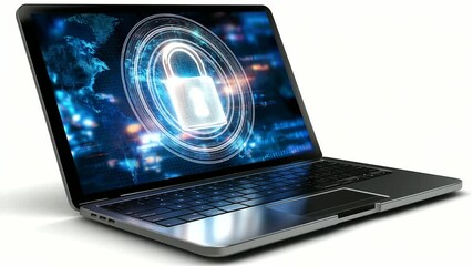 Laptop displaying digital padlock symbol, isolated clean background, cybersecurity concept, data protection visualization, online security icon, information safety technology, with - Powered by Adobe