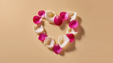 Fototapeta premium Romantic Heart Shape Made with Fresh Pink and White Flower Petals on a Soft Beige Background for Love and Affection Themes