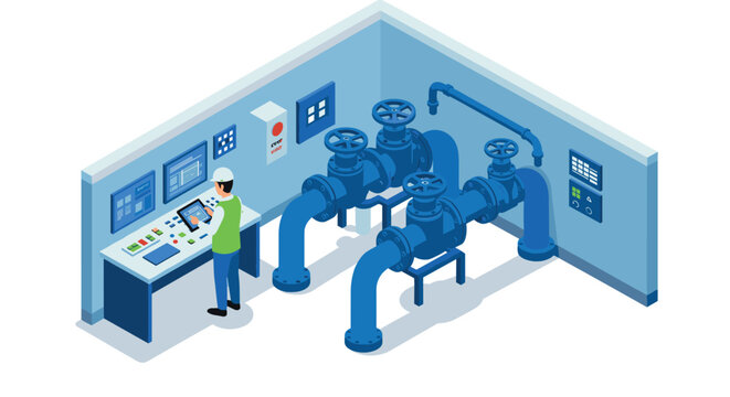 Industrial control room isometric design with engineer operating pipeline systems
