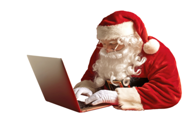 Santa Claus typing on laptop in red isolated on transparent background
