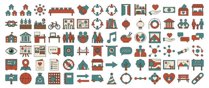 Community and celebration icon set. containing community, music, conversation, handshake, home, location, heart, tree, bicycle. Vector collection - Powered by Adobe