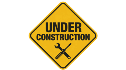 Caution under construction sign with tools; ideal for website maintenance, updates, or renovations, use for safety and warning isolated on white background