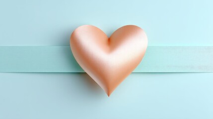 Fototapeta premium Soft peach heart shape on light blue background with gentle ribbon for romantic, wedding, or love-themed designs and celebrations, creating a serene atmosphere