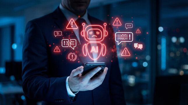 AI error and warning with businessman holding smartphone and digital malfunction icons.