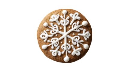 Decorative gingerbread cookie with intricate icing snowflake pattern isolated on transparent background
