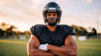 American football player in protective helmet and shoulder pads standing confidently on field. Athlete wearing safety gear during training. Sports equipment and uniform portrait at golden hour.