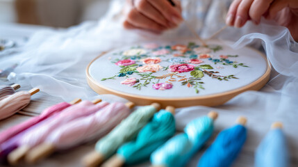 Embroidery hoop with colorful floral pattern and thread collection. Hands working on handmade needlework craft project with pink, blue, green threads. Traditional handcraft and creative hobby art.