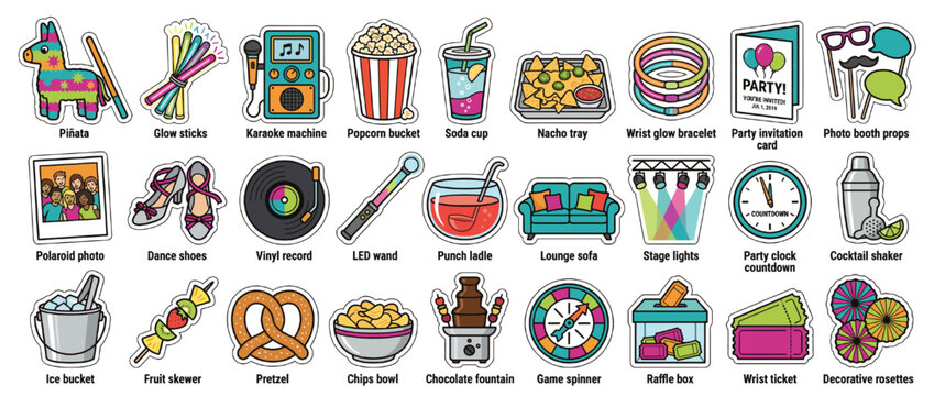 Party-themed icon set. containing piñata, glow sticks, karaoke machine, popcorn, soda cup, nachos, and more. Vector collection