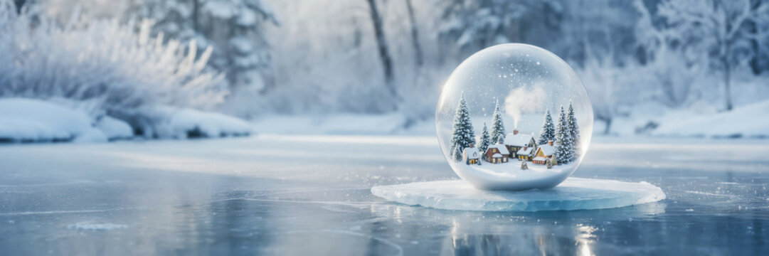 Glass snow globe with miniature snowy village and pine trees on frozen surface against winter forest background with copy space - Powered by Adobe