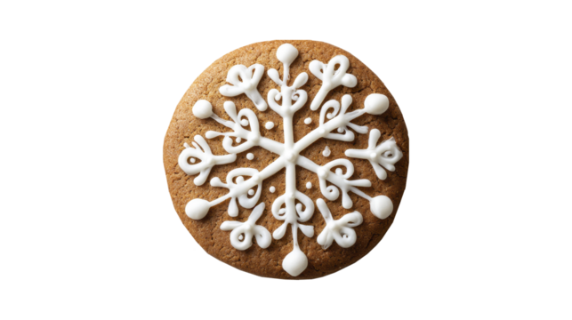 Decorative gingerbread cookie with intricate icing snowflake pattern isolated on transparent background