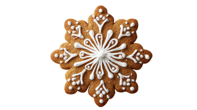Intricate gingerbread snowflake cookie with decorative icing isolated on transparent background