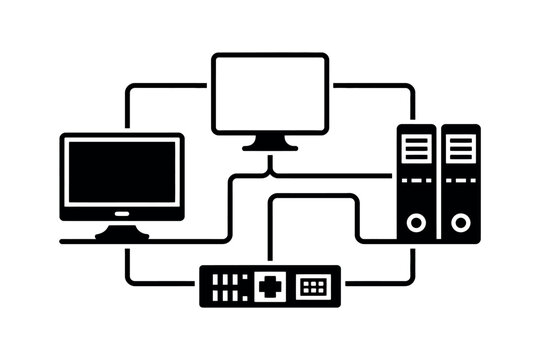 Illustration of two computers connected to servers and a network switch